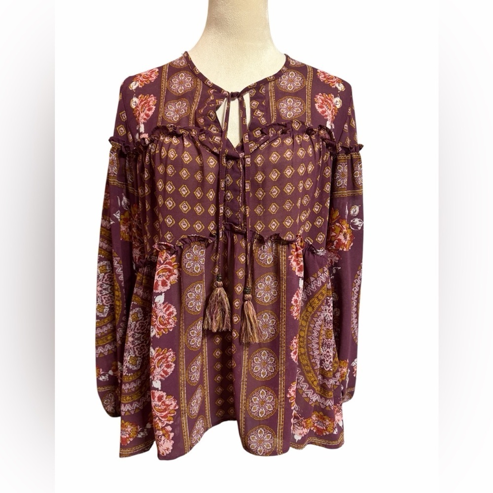 Knox Rose Burgundy and Gold Boho Blouse